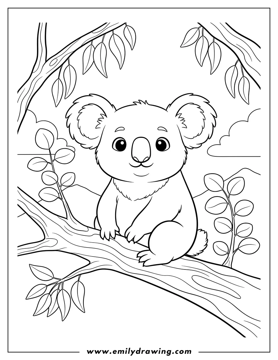Doodle style coloring picture of cute Cartoon Koala sitting on a tree branch, looking forward