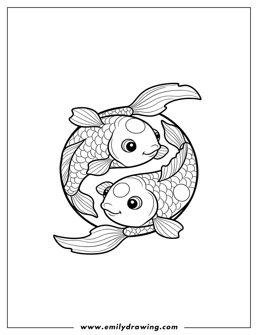 Outline drawing of cartoon Koi Fish Yin And Yang line art for preschoolers