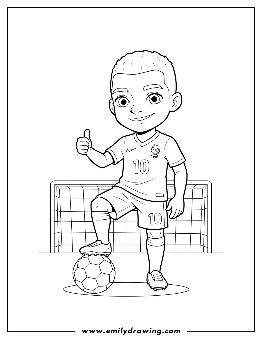 High quality printable cartoon Kylian Mbappe posing with his foot on a soccer ball, wearing jersey number 10 for coloring