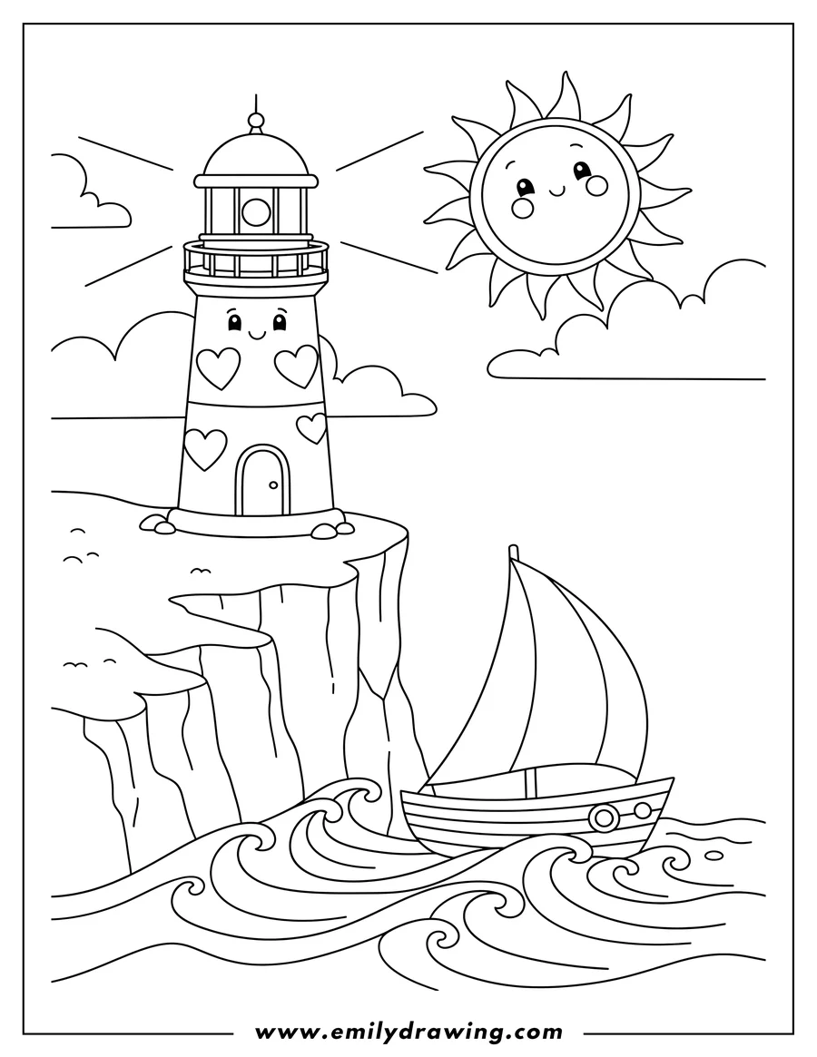 Linear illustration of cartoon Lighthouse with hearts on a cliff, a sailboat, and large waves, on a sunny day