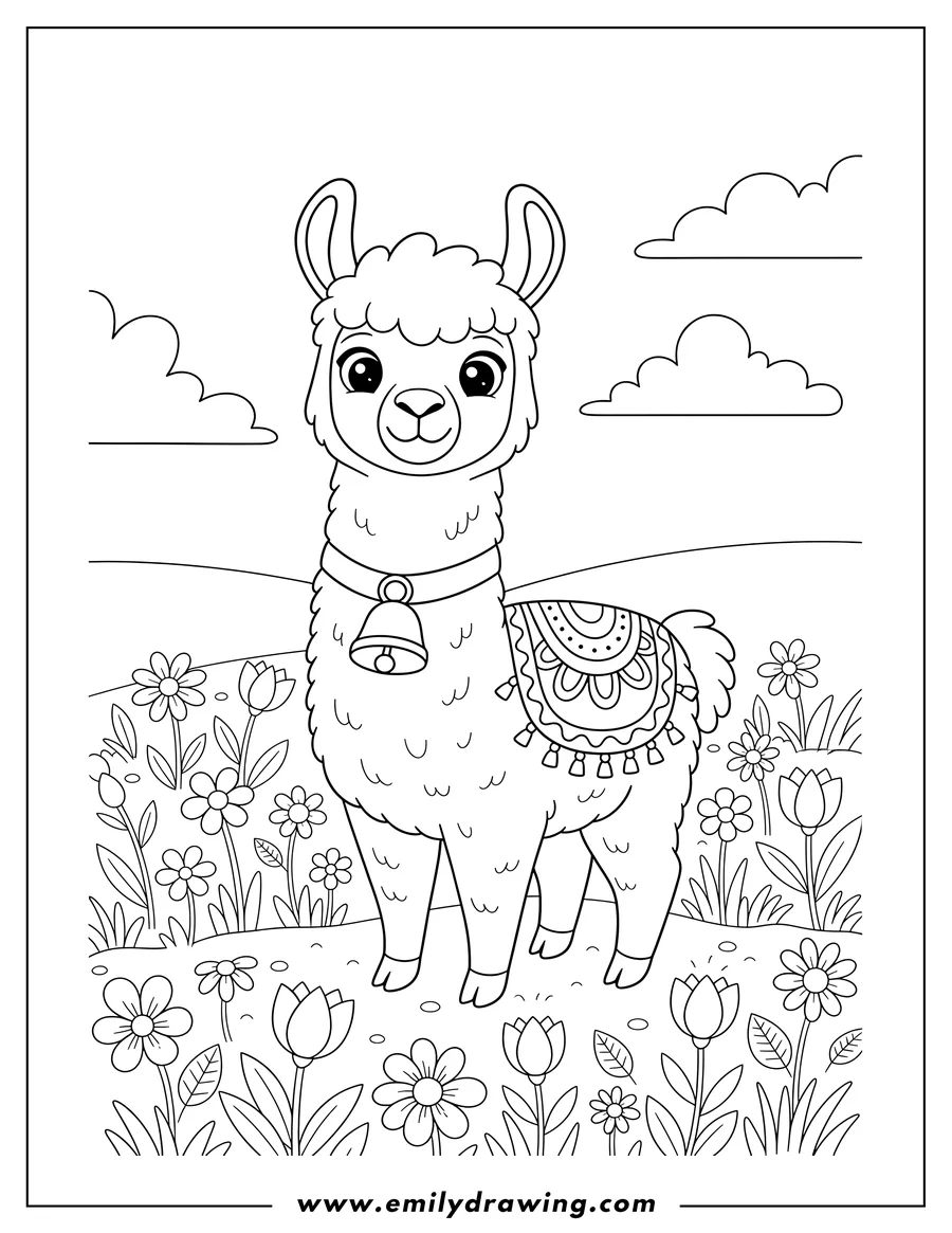 Doodle style coloring picture of cute cartoon llama with a saddle and bell collar, standing and smiling in a flower field