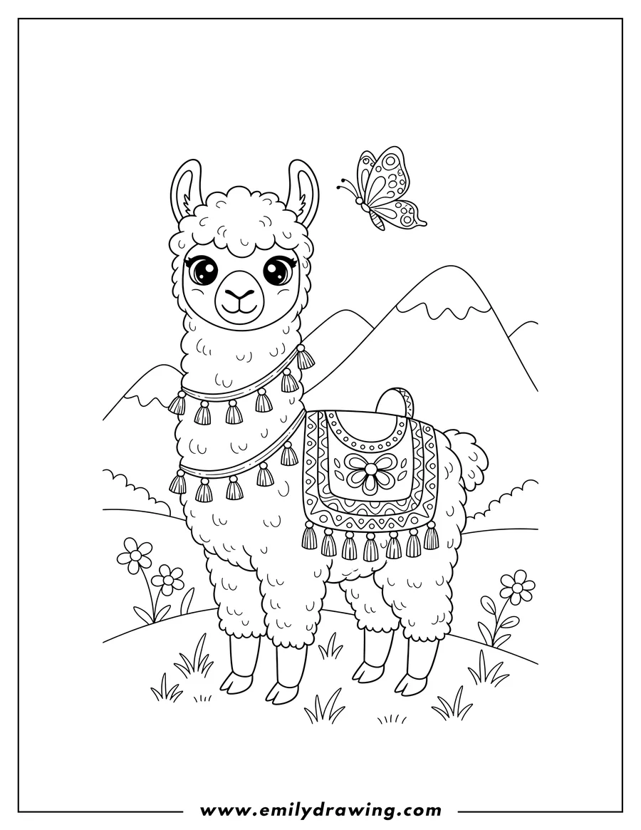 PDF style coloring page: cute cartoon llama wearing a decorative saddle, with a butterfly flying close by, in a mountain meadow