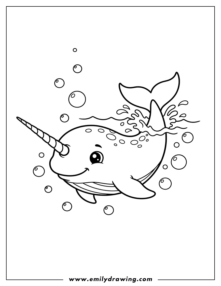 Printable line art of cute cartoon narwhal swimming underwater with its tail above water, surrounded by bubbles