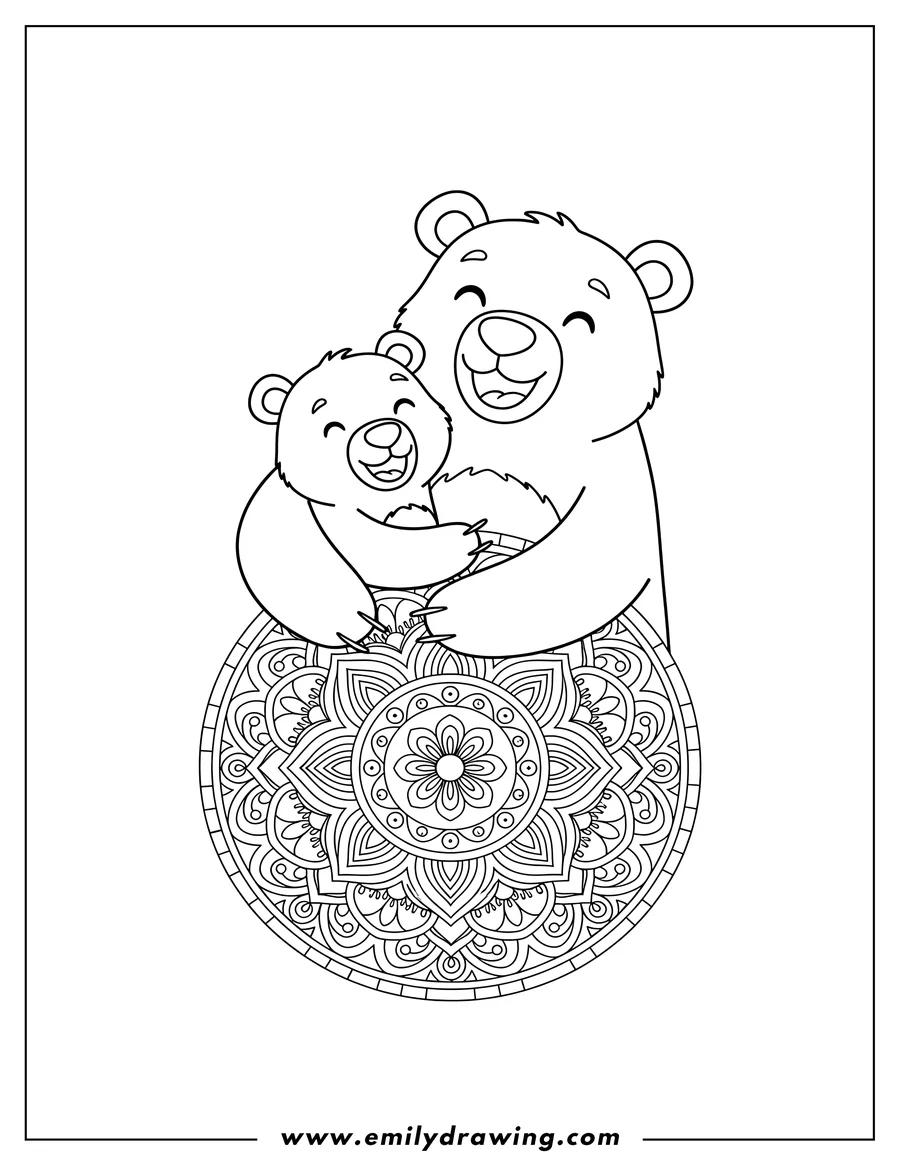 Printable coloring page of cartoon parent and cub bears happily hugging Front Mandala