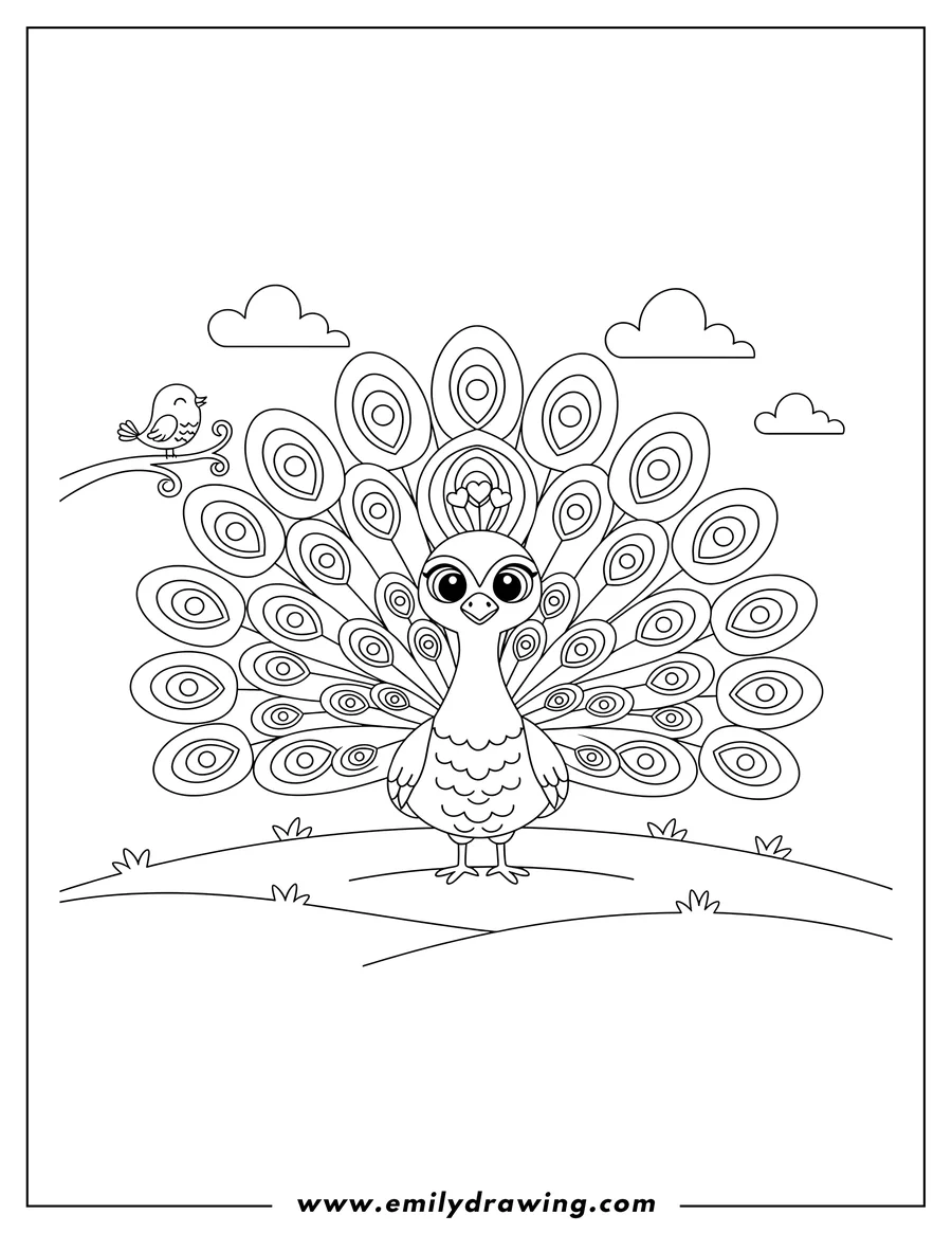 Downloadable coloring page of cute cartoon peacock standing with a small bird on a branch under a cloudy sky