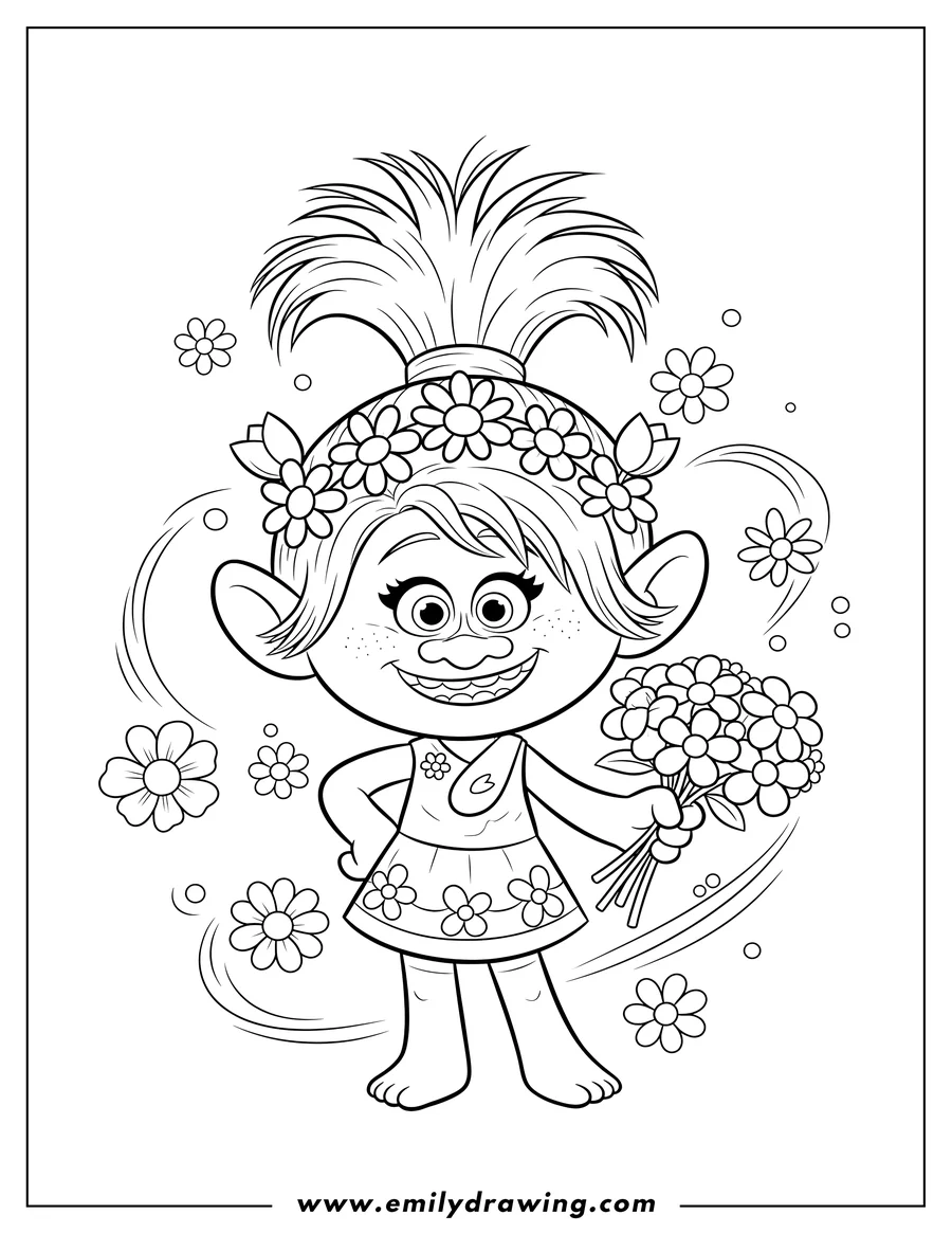 Clean line drawing: cartoon Princess Poppy smiling with flowers in her hair and hands on hips To Color