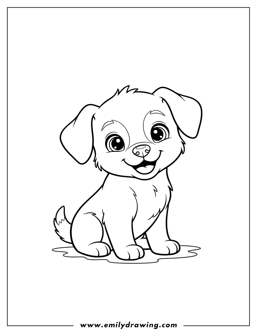Vector style outline of cute Cartoon Puppy sitting and smiling