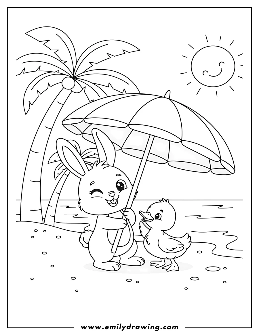 Printable line art of cute cartoon rabbit winking and duckling holding an umbrella together on the beach