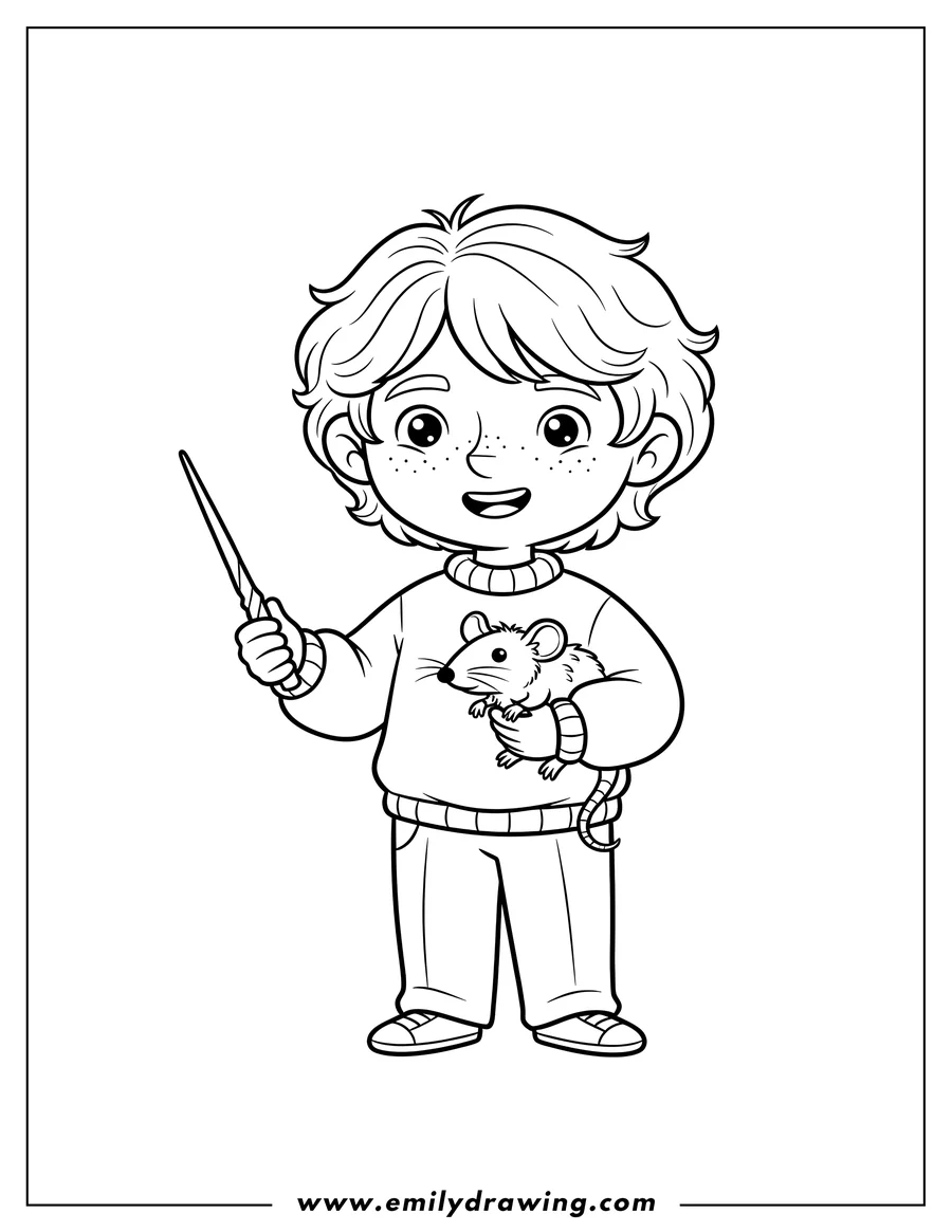 Full page coloring image of cute Cartoon Ron Weasley holding a wand and a pet rat