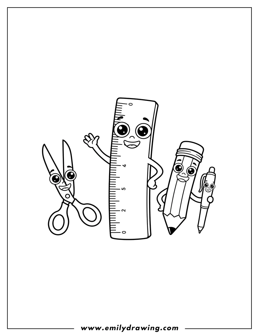 Outline drawing of cute Cartoon Ruler Pencil Pen And Scissors with googly eyes and happy faces