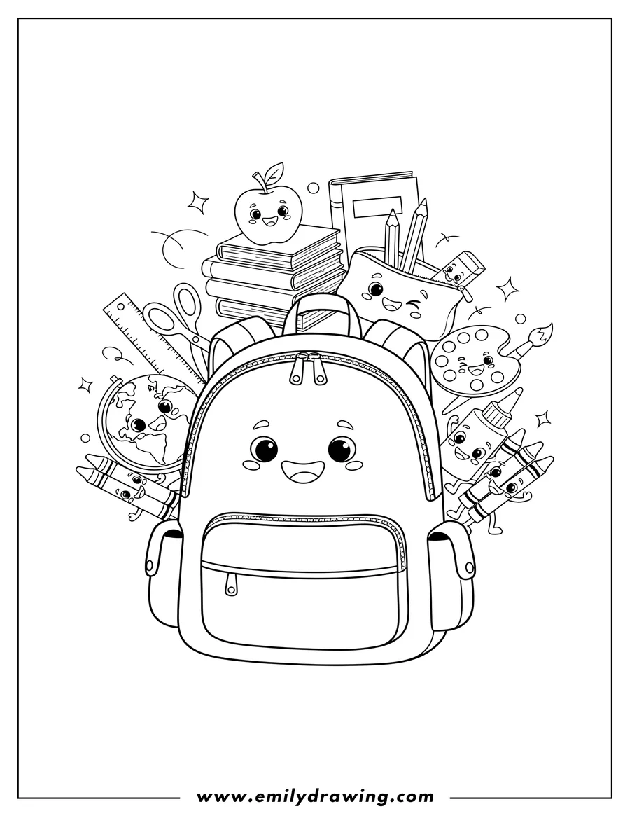High quality printable cute cartoon school materials with happy faces bursting out from around a backpack for coloring