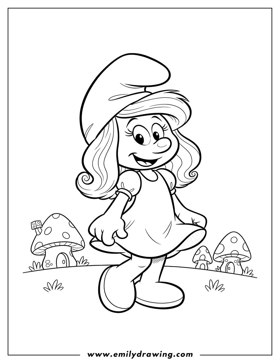 Downloadable coloring page of cartoon Smurfette in a dress, smiling and holding her skirt
