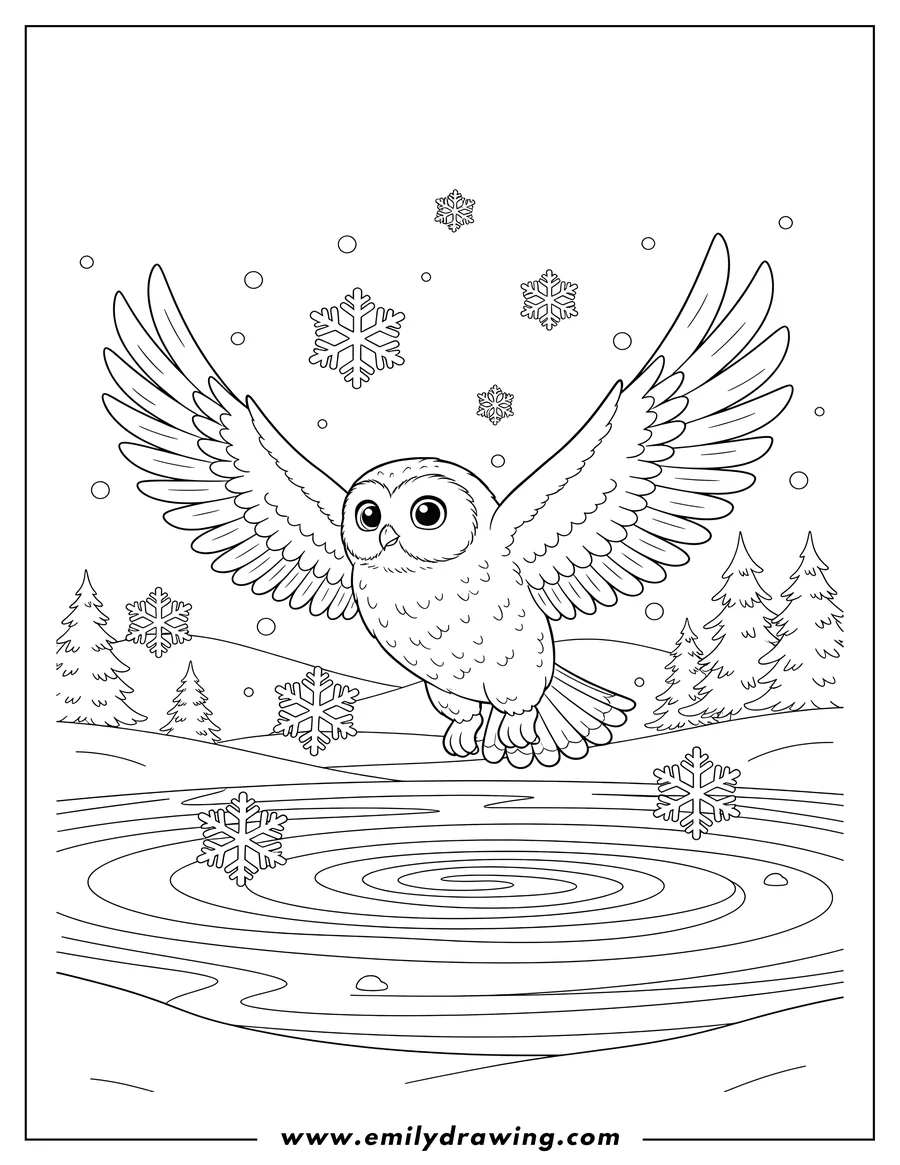 Printable coloring page of cute cartoon snowy owl flying with widespread wings over a frozen lake with falling snow