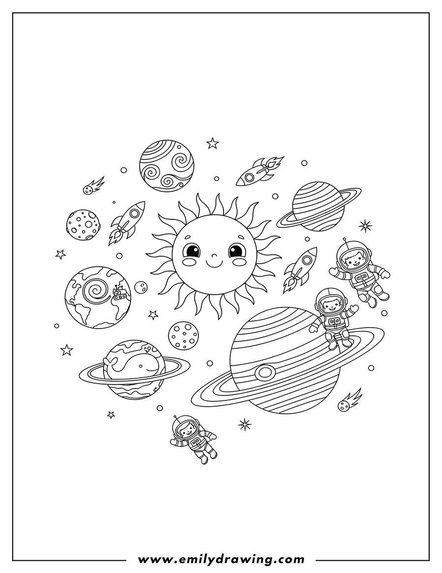 Free printable coloring sheet of cartoon Solar System Scaled, with astronauts, rockets, and ringed planets