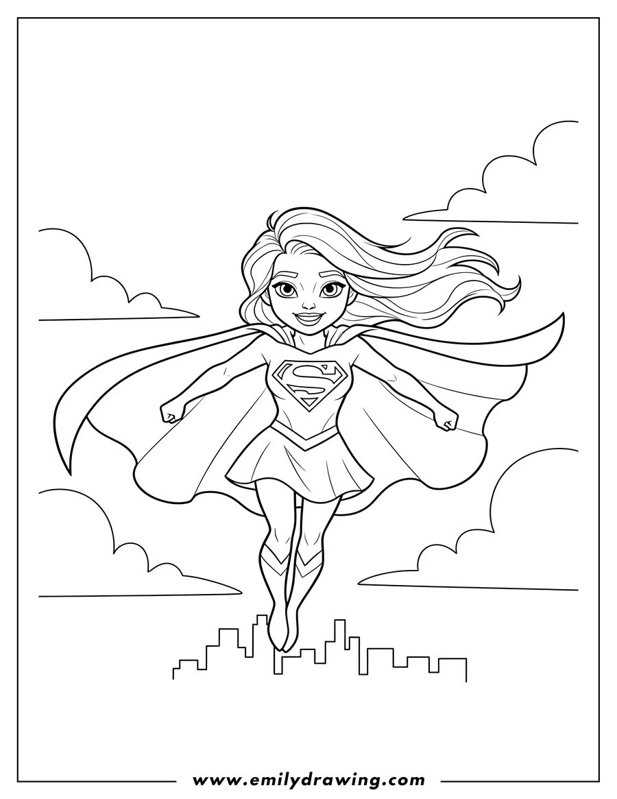 Clean line drawing: cartoon Supergirl flying, with cape flowing