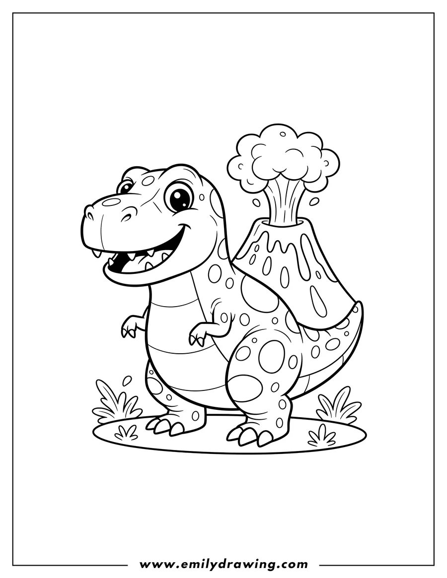 PDF style coloring page: smiling cartoon T-Rex with spotted skin and a volcano