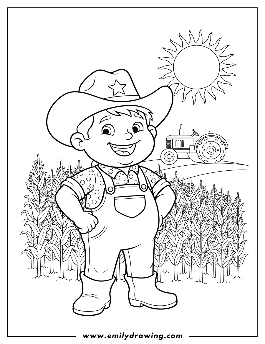 High quality printable cartoon Texas farmer boy smiling in a cowboy hat and overalls, standing in a cornfield with cobs and a tractor on a hill under the sun for coloring