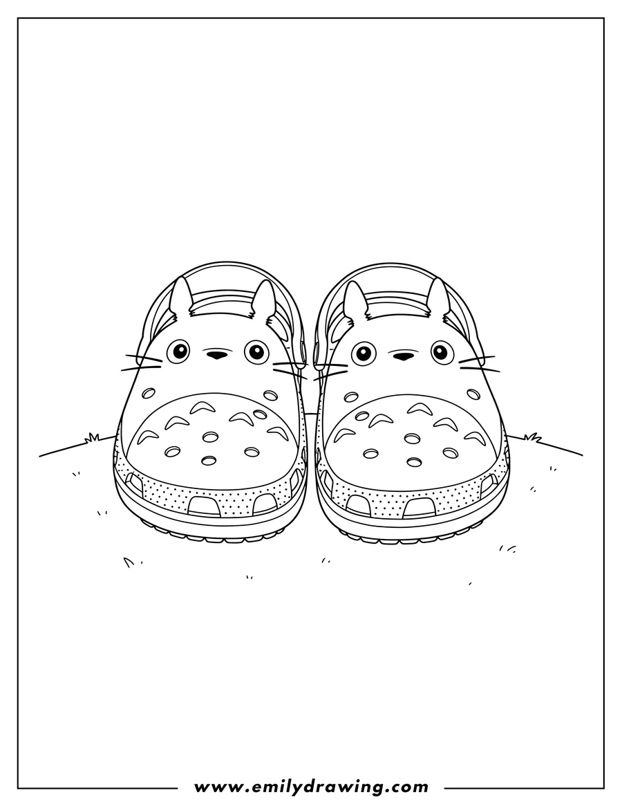 Coloring page of two cartoon Totoro Crocs with faces