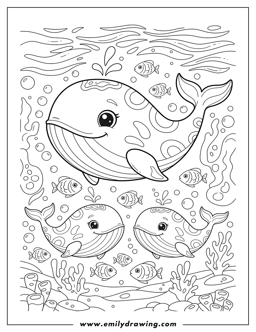 Coloring page for kids: cute Cartoon Whales Smiling Swimming Ocean with small fish