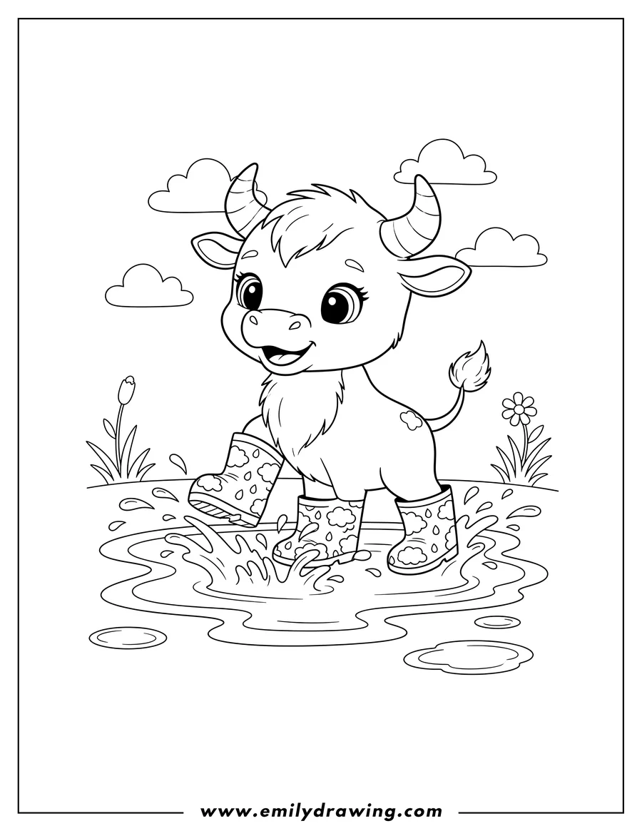 Doodle style coloring picture of cute cartoon young bull with rainboots splashing water in a puddle
