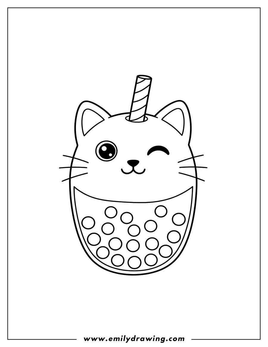 Printable coloring page of cute cat-face boba tea cup with winking eyes, filled with boba pearls and a straw