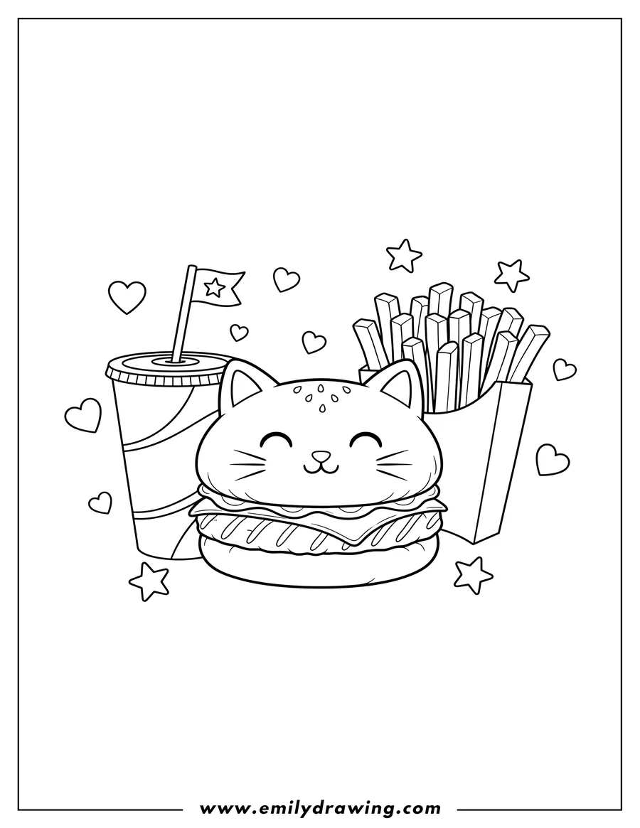 Coloring page of cute Cat Face Burger, Fries in a box, and Soda with a straw and flag, with hearts and stars