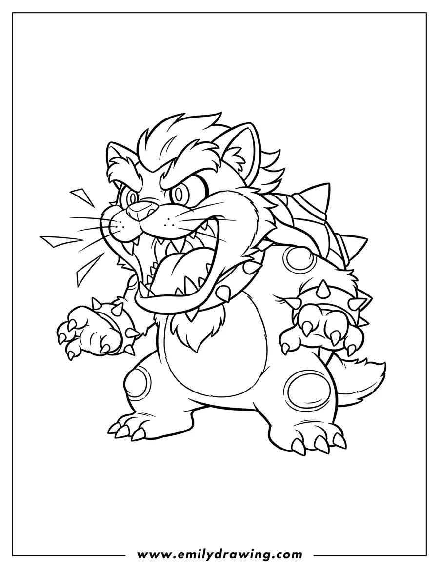 Printable coloring page of cat Meowser roaring