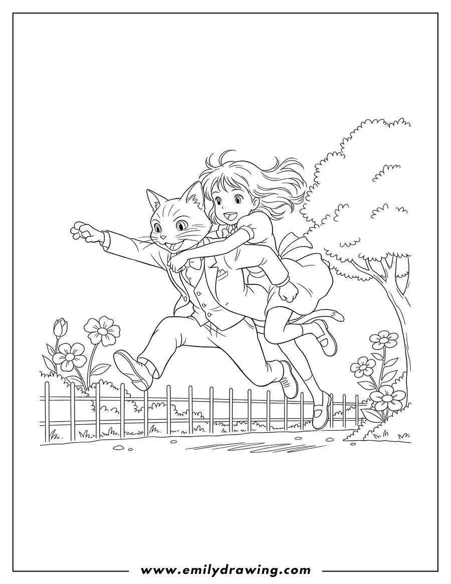 High quality printable cat Returns Haru And Baron running and jumping together, with Haru holding onto Baron for coloring