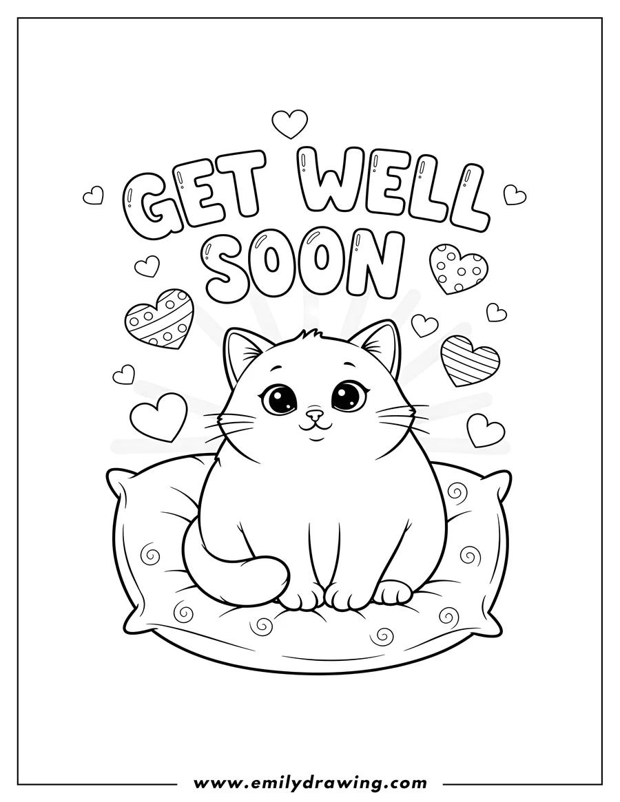 Clean line drawing: cute Cat sitting on a pillow, with Get Well Soon Script Air and hearts