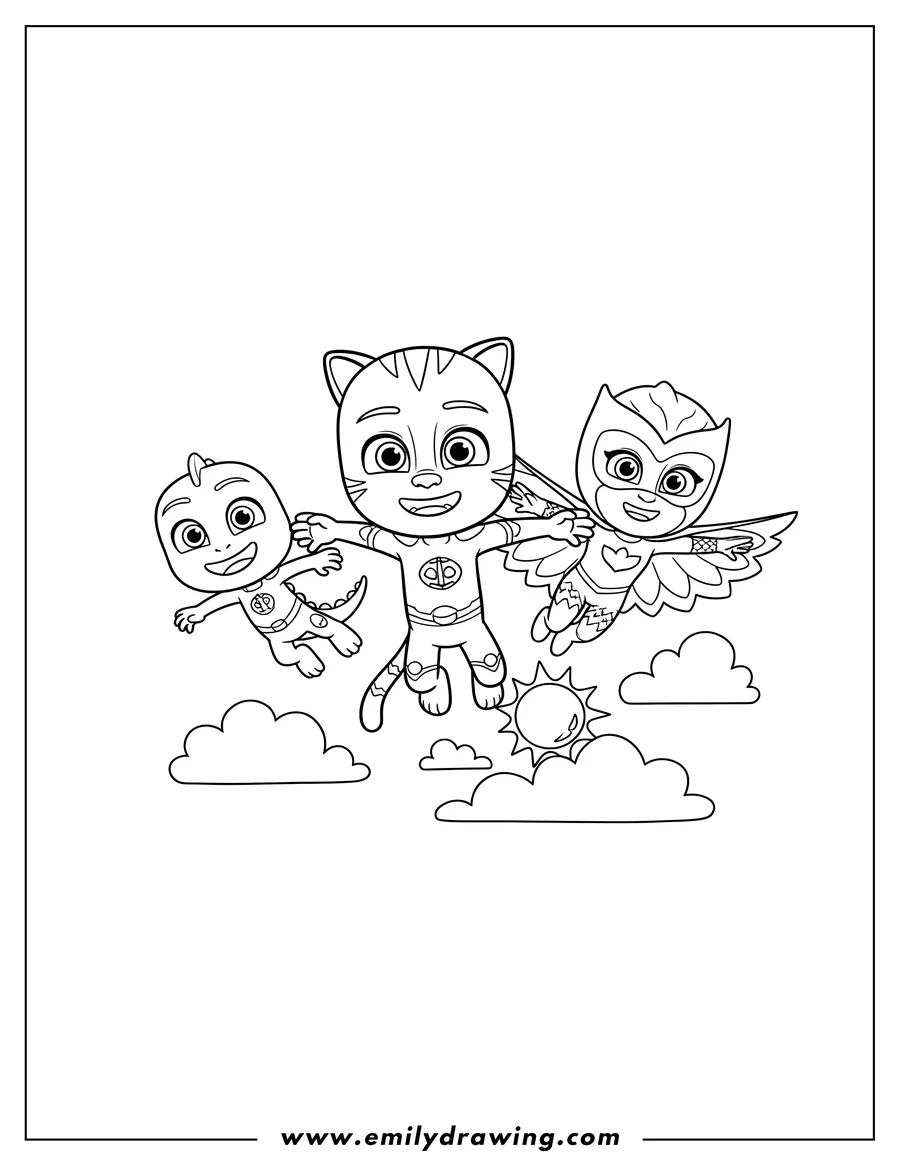 Coloring sheet featuring catboy, Gekko, and Owlette flying together and smiling in the sky
