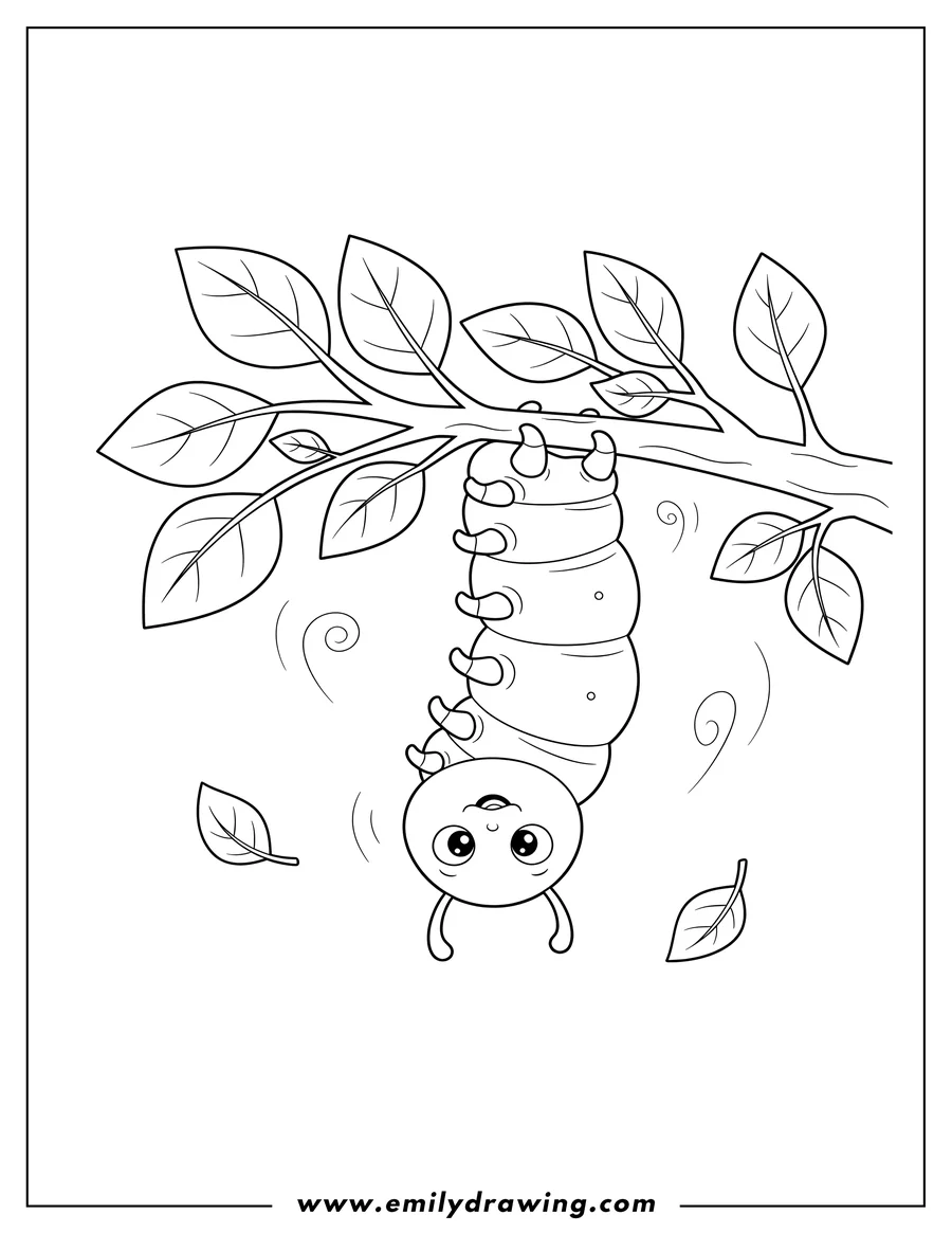 Vector style outline of caterpillar hanging upside down from a leafy branch
