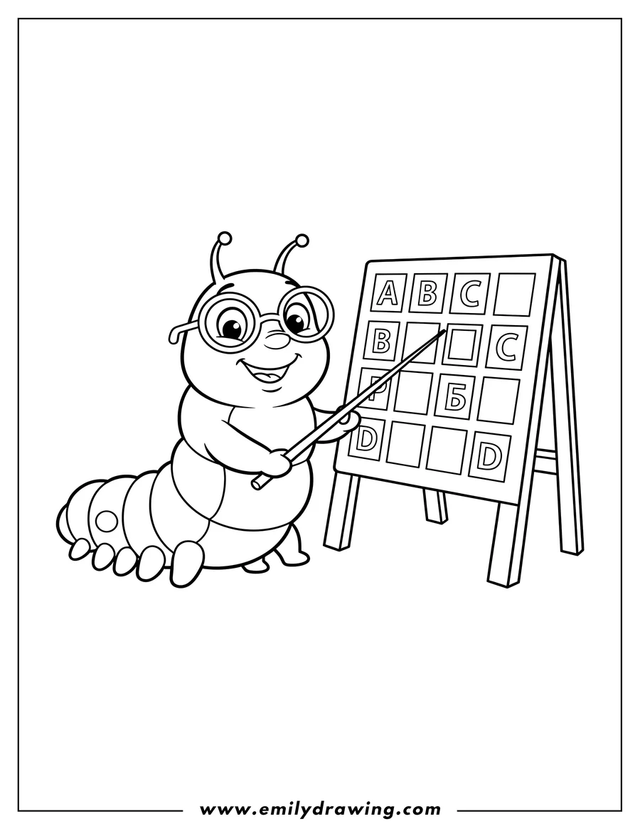 Outline drawing of cute Caterpillar Wearing Glasses, holding a pointer stick and pointing at a letter board
