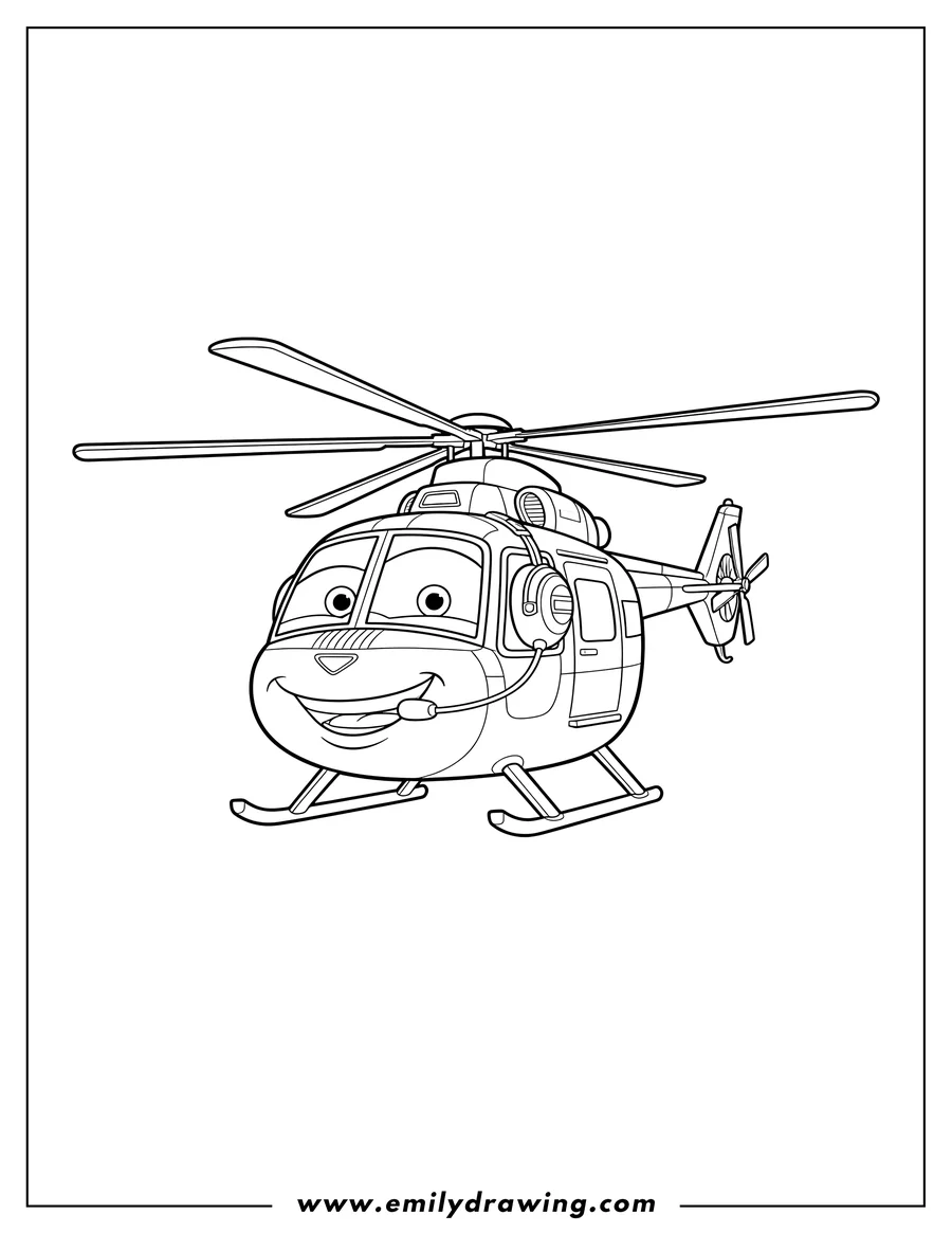 Full page coloring image of cathy Copter From Cars Scaled, smiling and wearing a headset