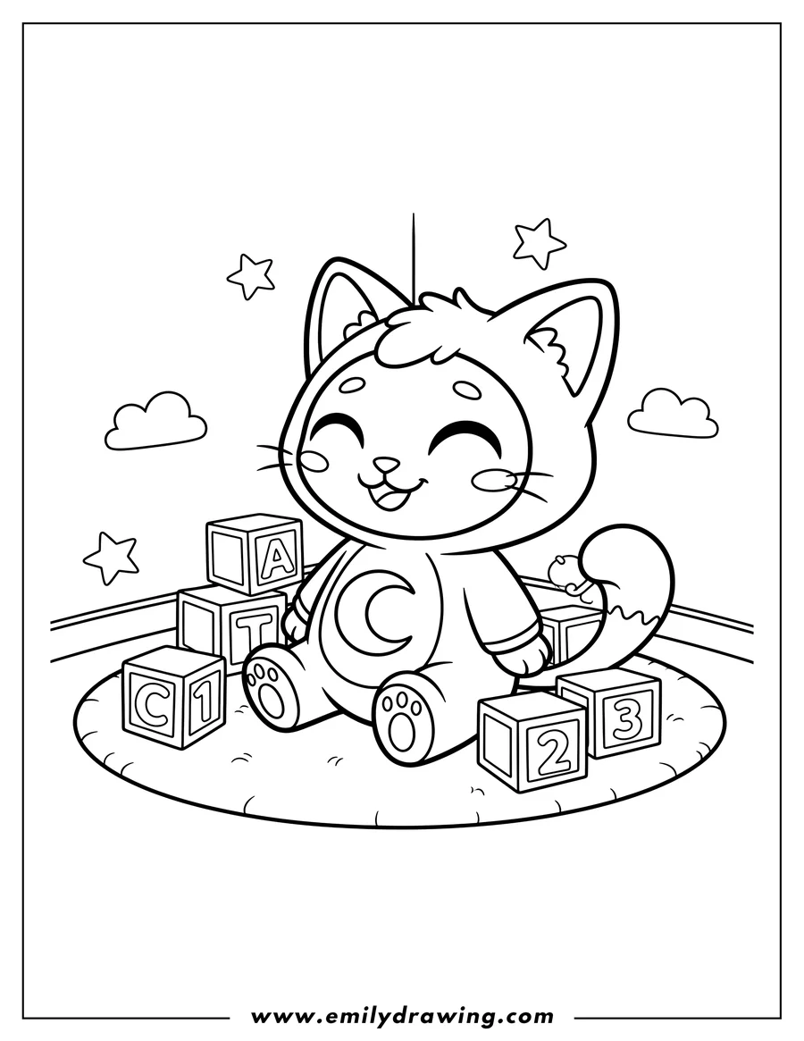 Doodle style coloring picture of cute Catnap smiling, wearing a onesie with a crescent moon symbol, sitting in a corner with number and letter blocks