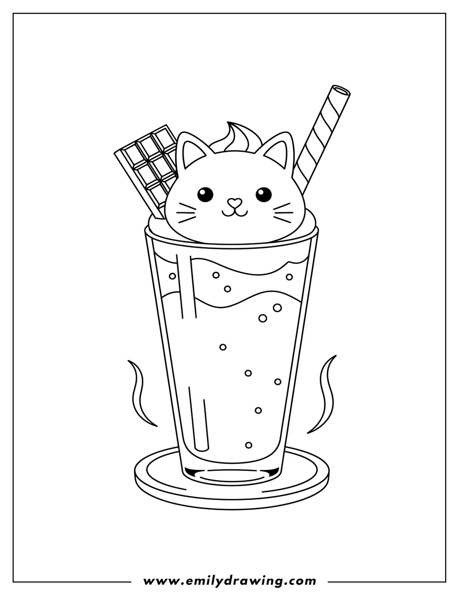 PDF style coloring page: cute Catpuccino coffee frappe with whipped cream, a chocolate bar, and a wafer stick, coloring page