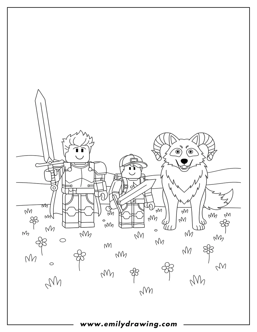 Coloring sheet featuring two Roblox characters holding swords with a horned wolf, standing in a grassy field