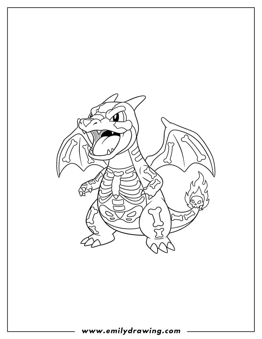 Printable line art of cute Charizard Skeleton Costume, standing with mouth open