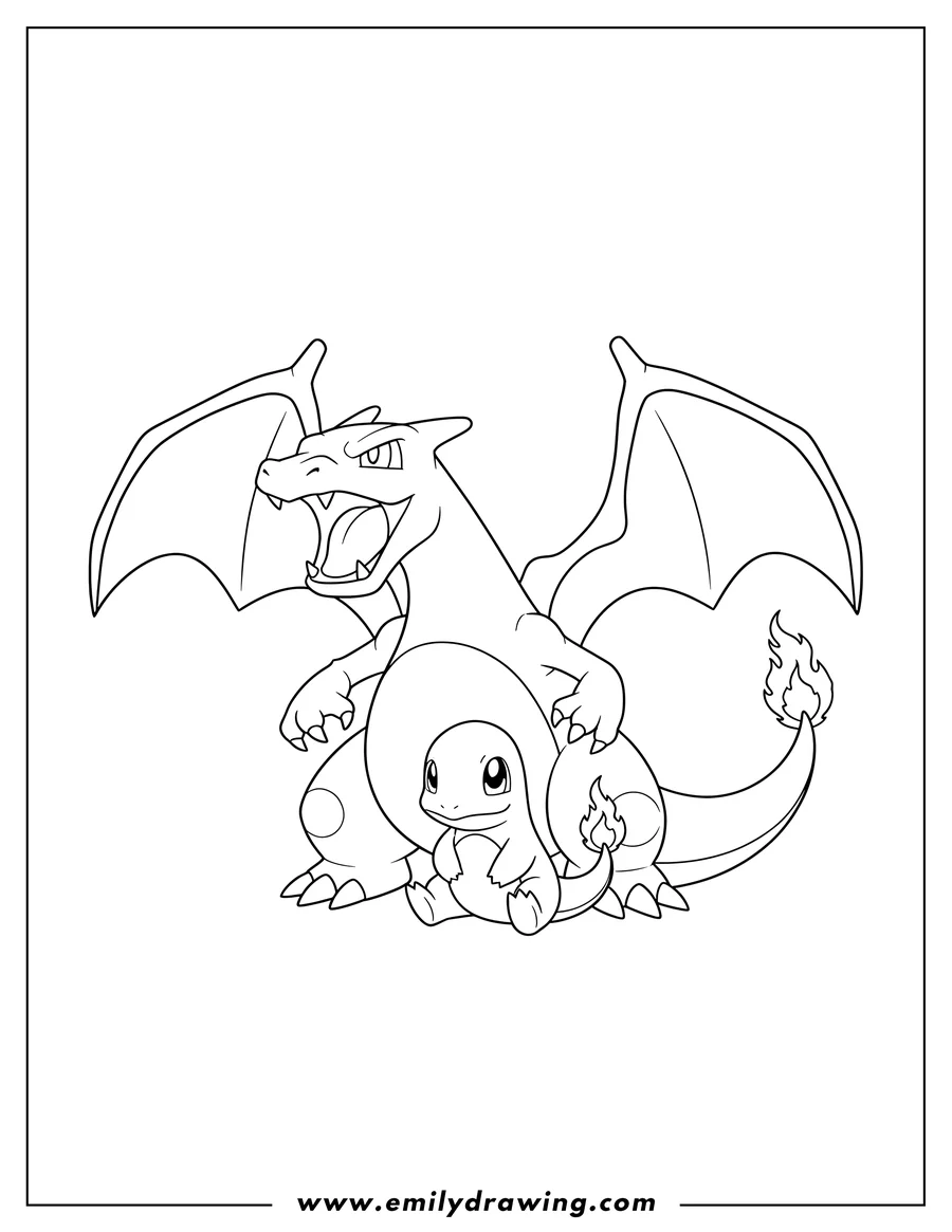 Free to print drawing of charizard standing with spread wings and open mouth behind a sitting Charmander with a visible tail flame
