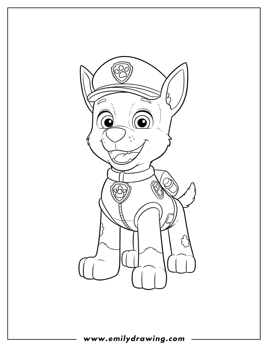 Simple sketch of chase Police Dog in uniform, standing and smiling to color