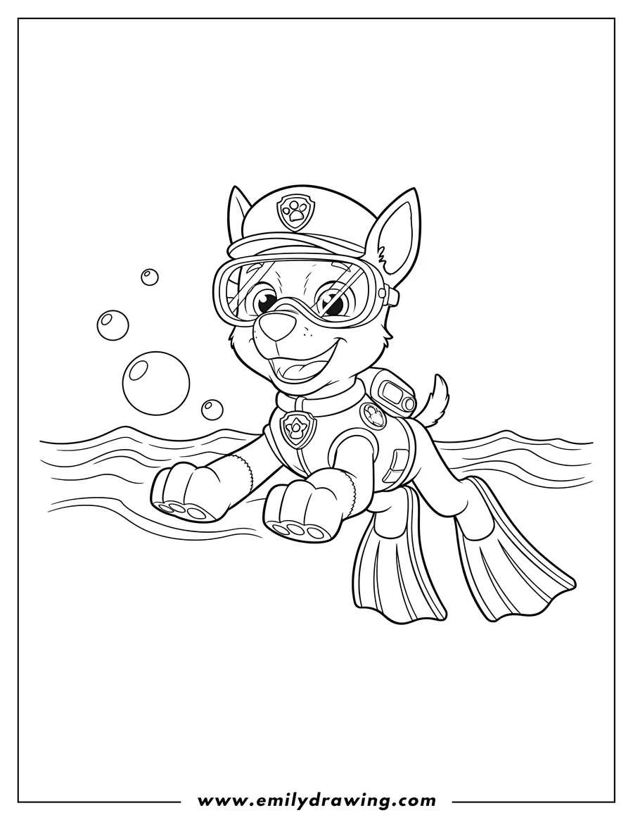 Downloadable coloring page of chase From Paw Patrol swimming wearing goggles and flippers, smiling