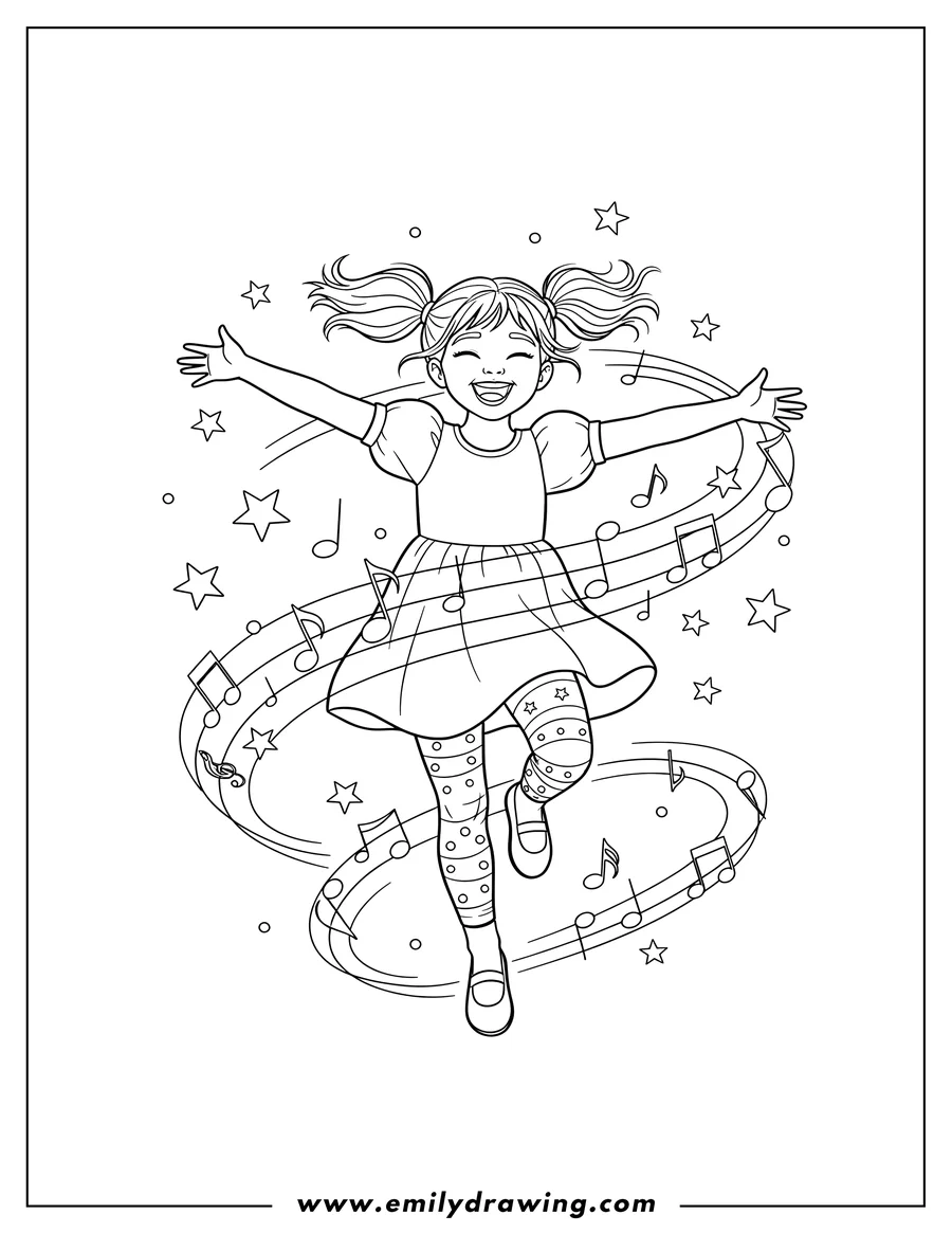 Coloring page for kids: cheerful Girl Dancing with arms outstretched, one leg bent, and an open-mouth smile, surrounded by stars and music notes