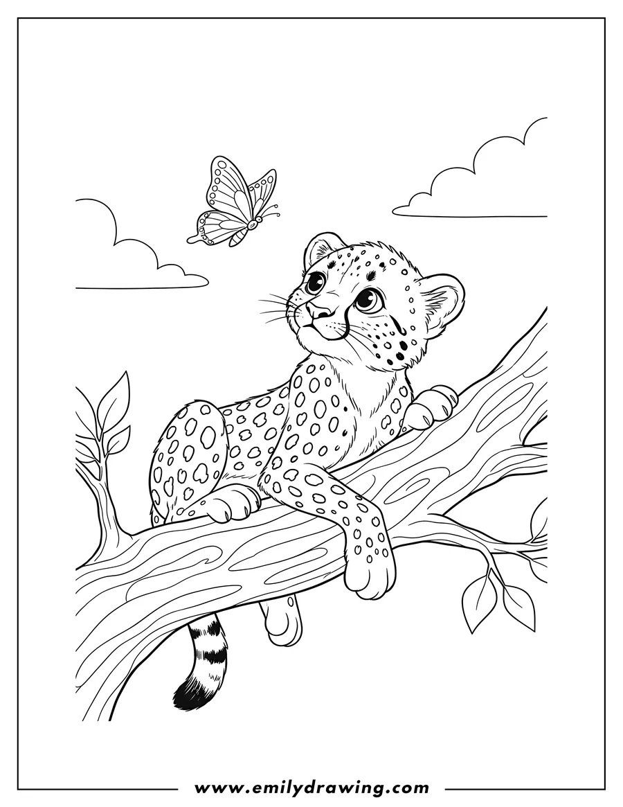 Simple sketch of A cute cheetah cub lying on a tree branch, looking up at a flying butterfly to color