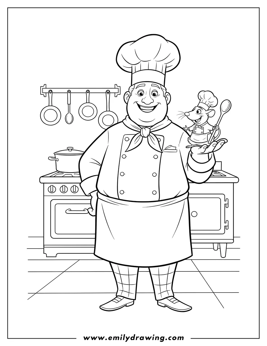 Downloadable coloring page of chef Alfredo holding Chef Ratatouille in his hand, who is wearing a chef hat and holding a spoon