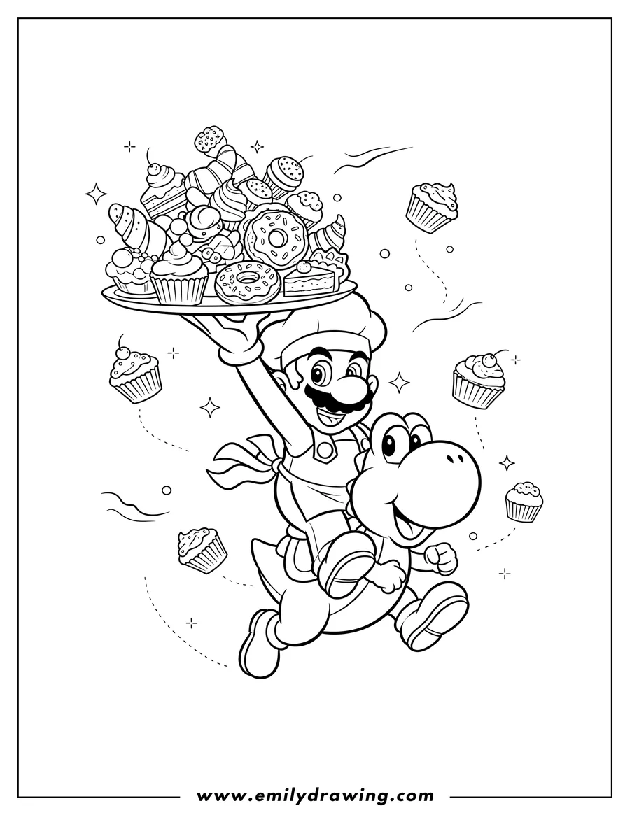 Printable coloring page of chef Mario holding a tray of pastries, with more pastries floating around, while riding on Yoshi's back