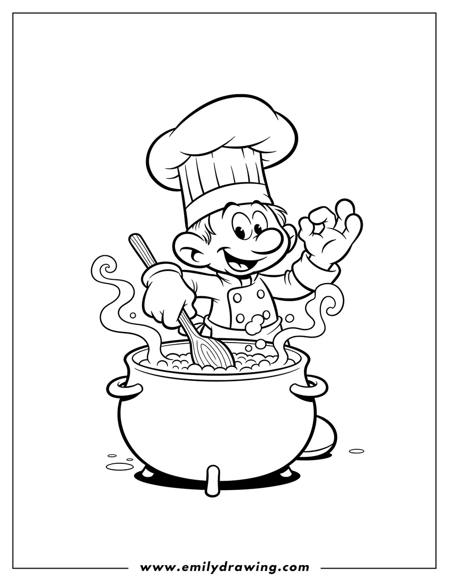 High quality printable chef Smurf Cooking in a pot, holding a spoon and making an OK gesture for coloring