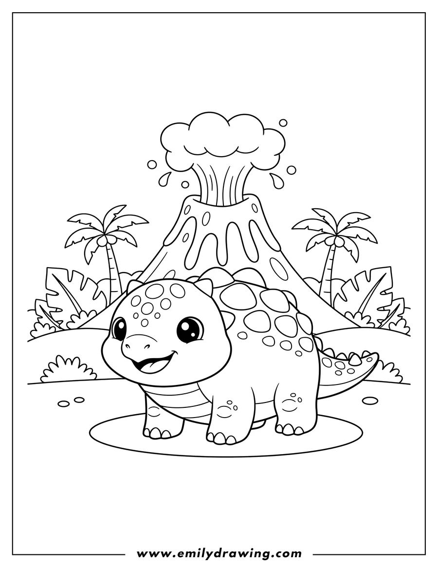 Vector style outline of cute Chibi Ankylosaurus smiling with an erupting volcano for preschoolers