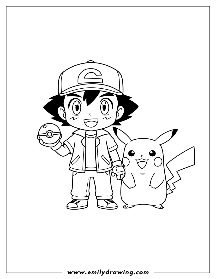 High quality printable cute Chibi Ash Ketchum holding a Poké Ball, with Pikachu by his side, for preschoolers for coloring