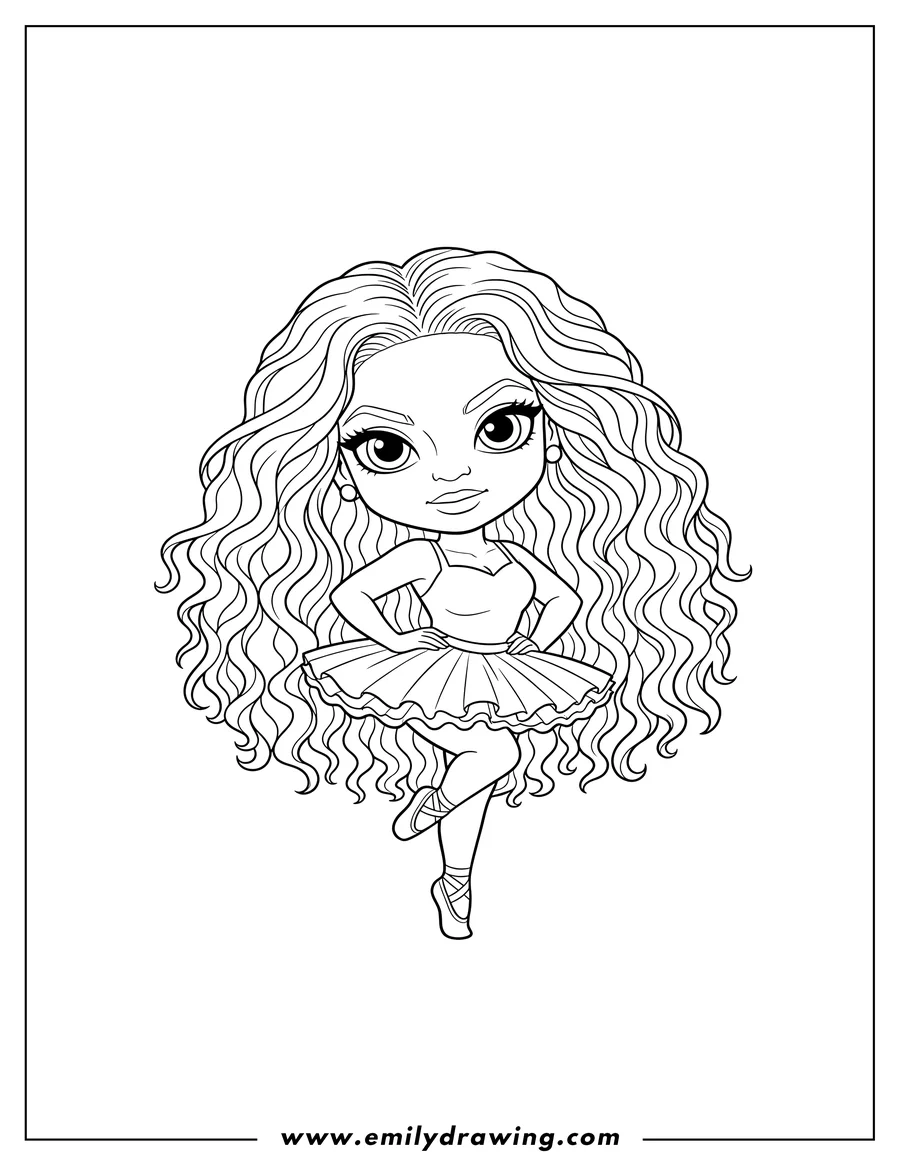 Full page coloring image of cute Chibi Beyonce with long curly hair and a sassy expression, striking a dance pose in a tutu skirt