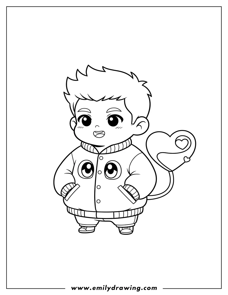 Coloring sheet featuring cute Chibi Boy With Love Heart Tail, wearing a bomber jacket with large anime eyes