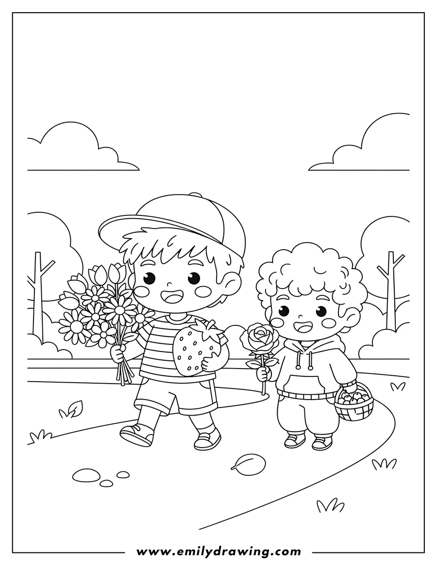 High quality printable cute Chibi Boys Walking Park, smiling, holding flowers and a strawberry for coloring
